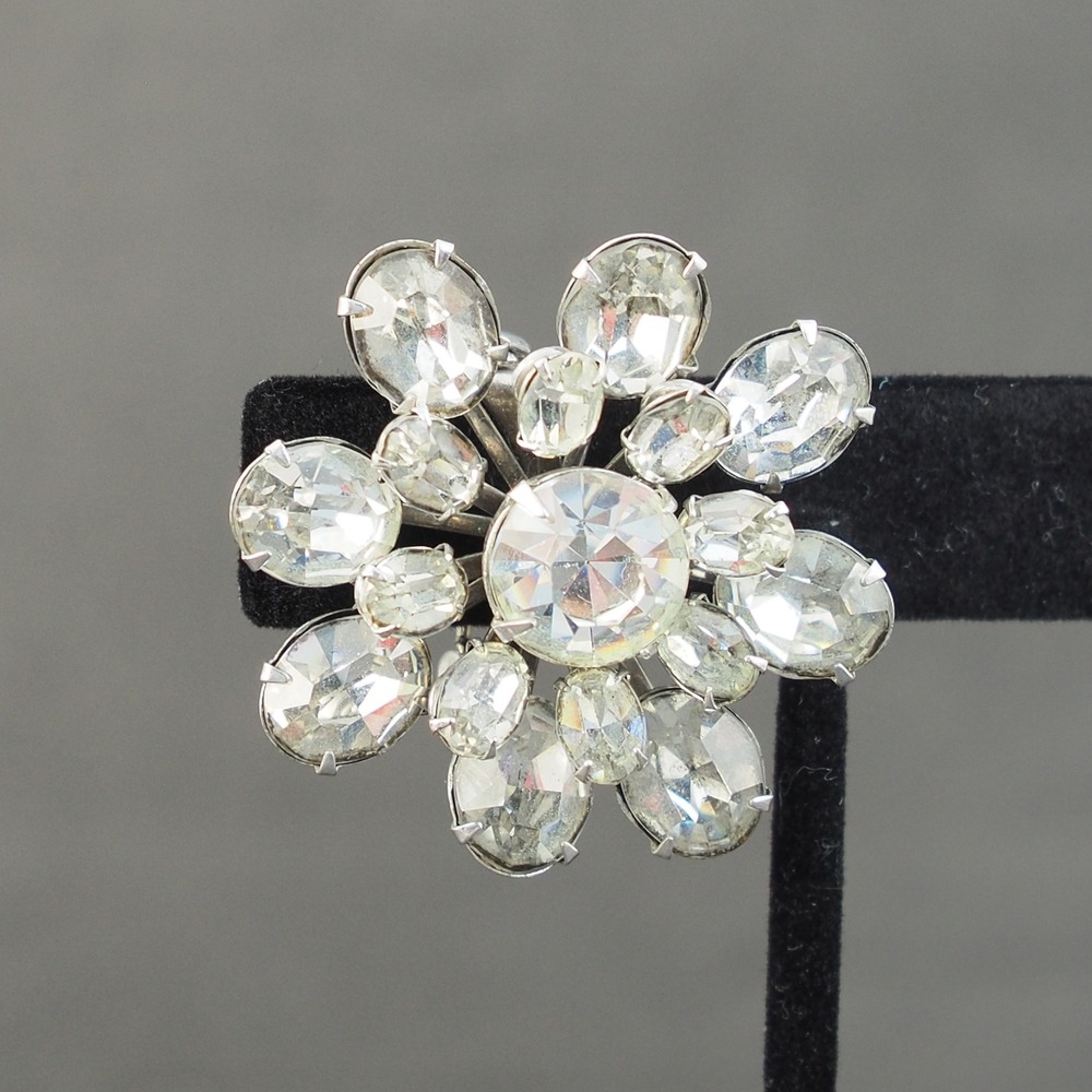 Coro Brooch Pin Flower Silver Tone Clear Rhinestone Prong Set Vintage Estate